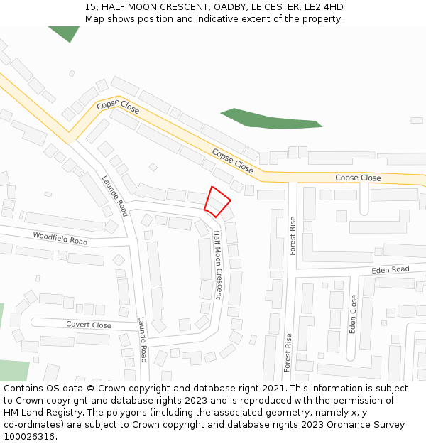 15, HALF MOON CRESCENT, OADBY, LEICESTER, LE2 4HD: Location map and indicative extent of plot