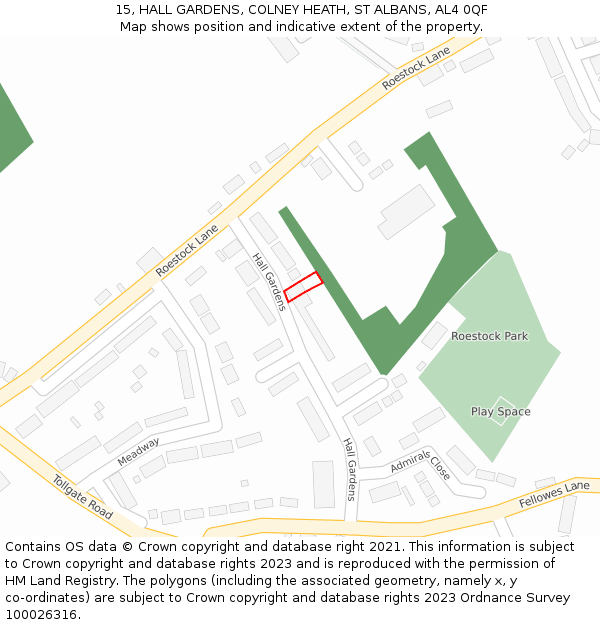 15, HALL GARDENS, COLNEY HEATH, ST ALBANS, AL4 0QF: Location map and indicative extent of plot