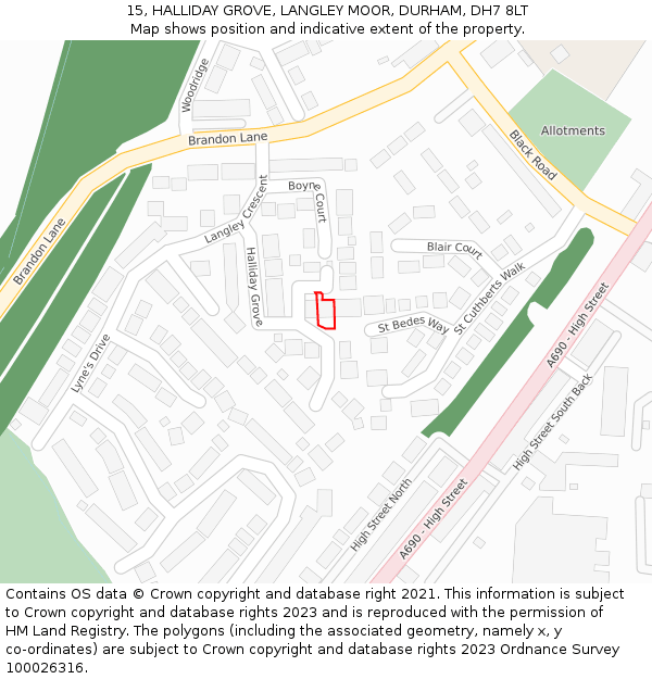 15, HALLIDAY GROVE, LANGLEY MOOR, DURHAM, DH7 8LT: Location map and indicative extent of plot