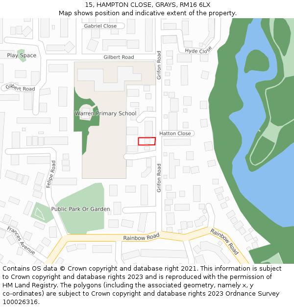 15, HAMPTON CLOSE, GRAYS, RM16 6LX: Location map and indicative extent of plot