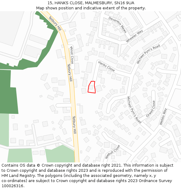 15, HANKS CLOSE, MALMESBURY, SN16 9UA: Location map and indicative extent of plot