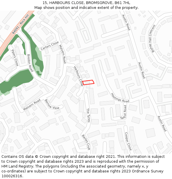 15, HARBOURS CLOSE, BROMSGROVE, B61 7HL: Location map and indicative extent of plot