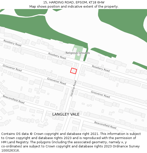 15, HARDING ROAD, EPSOM, KT18 6HW: Location map and indicative extent of plot