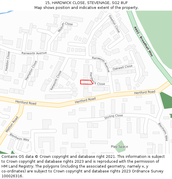 15, HARDWICK CLOSE, STEVENAGE, SG2 8UF: Location map and indicative extent of plot