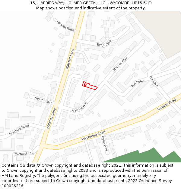 15, HARRIES WAY, HOLMER GREEN, HIGH WYCOMBE, HP15 6UD: Location map and indicative extent of plot