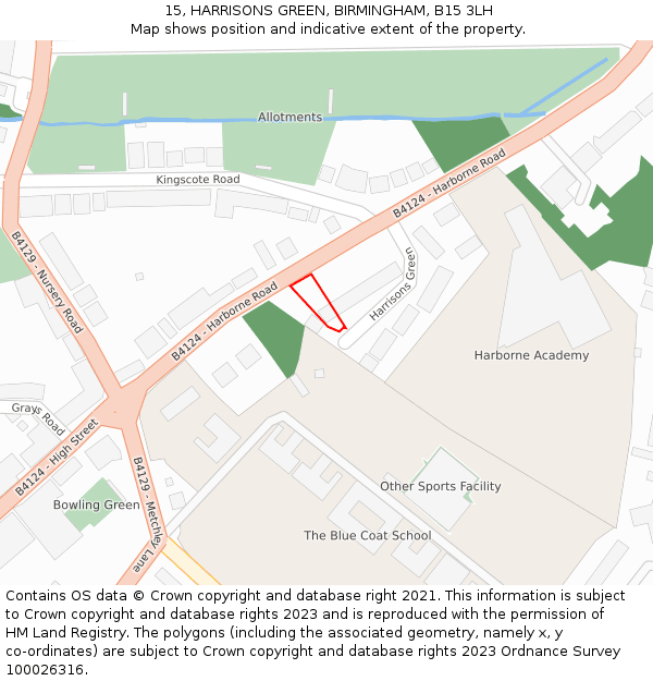 15, HARRISONS GREEN, BIRMINGHAM, B15 3LH: Location map and indicative extent of plot