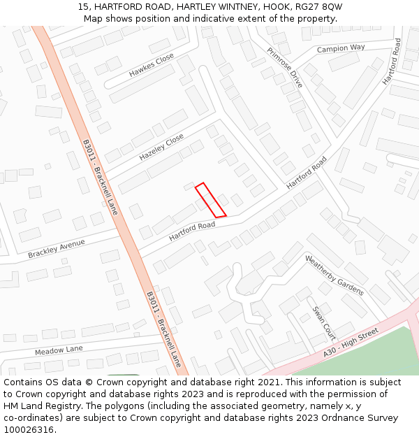 15, HARTFORD ROAD, HARTLEY WINTNEY, HOOK, RG27 8QW: Location map and indicative extent of plot