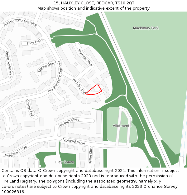 15, HAUXLEY CLOSE, REDCAR, TS10 2QT: Location map and indicative extent of plot