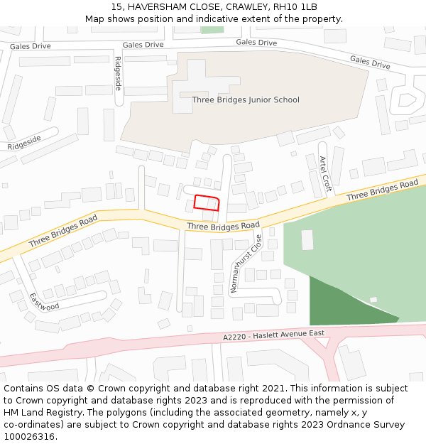 15, HAVERSHAM CLOSE, CRAWLEY, RH10 1LB: Location map and indicative extent of plot