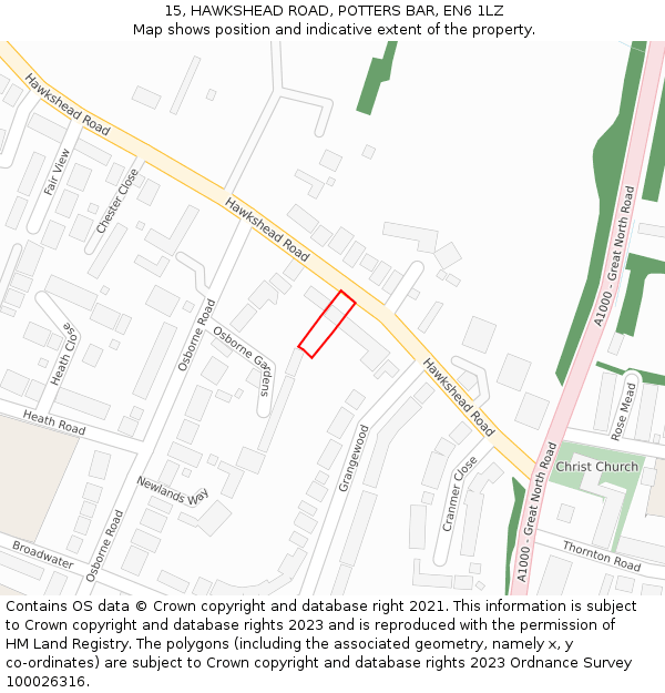 15, HAWKSHEAD ROAD, POTTERS BAR, EN6 1LZ: Location map and indicative extent of plot