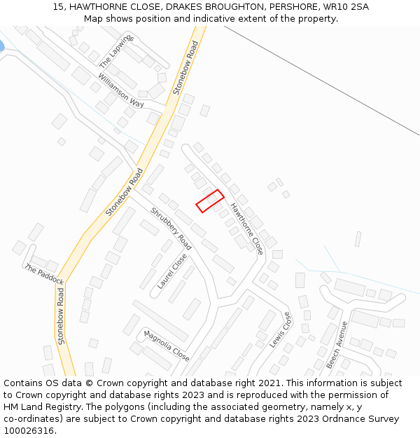 15, HAWTHORNE CLOSE, DRAKES BROUGHTON, PERSHORE, WR10 2SA: Location map and indicative extent of plot