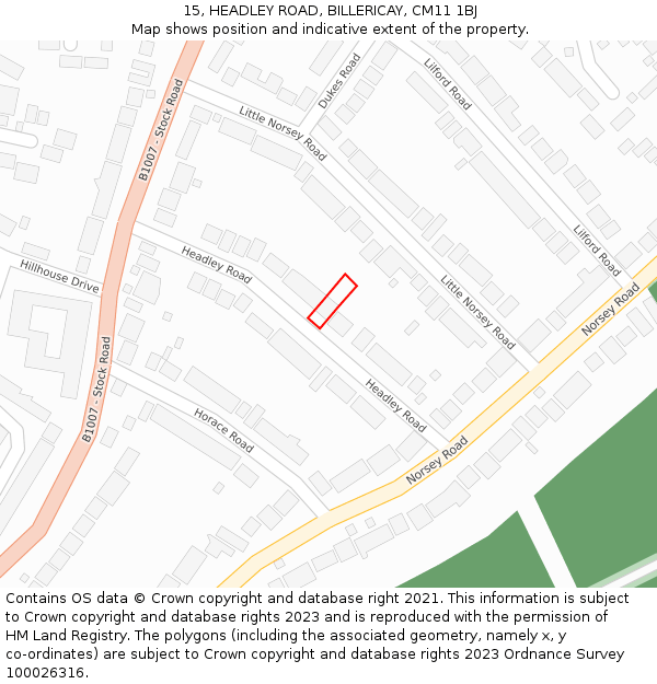 15, HEADLEY ROAD, BILLERICAY, CM11 1BJ: Location map and indicative extent of plot