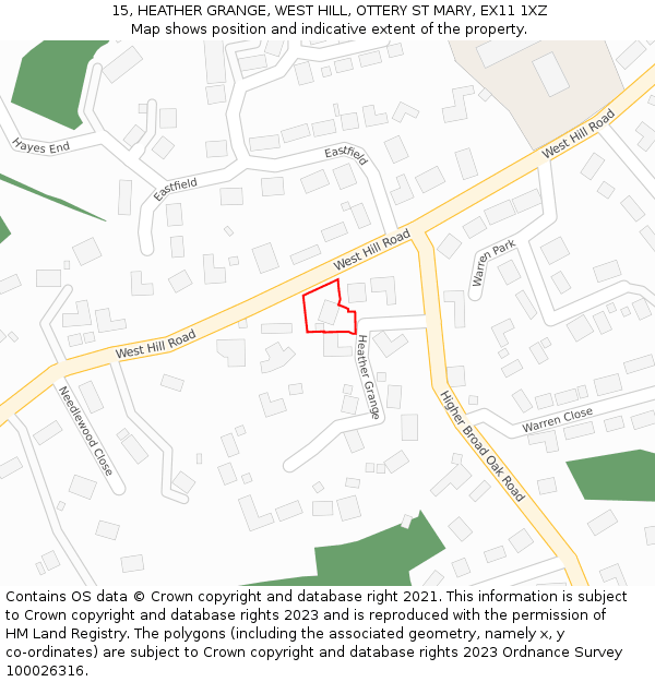 15, HEATHER GRANGE, WEST HILL, OTTERY ST MARY, EX11 1XZ: Location map and indicative extent of plot
