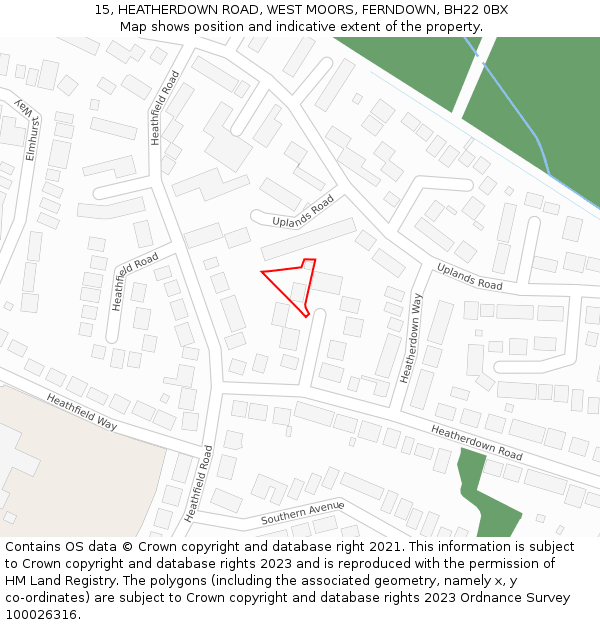 15, HEATHERDOWN ROAD, WEST MOORS, FERNDOWN, BH22 0BX: Location map and indicative extent of plot