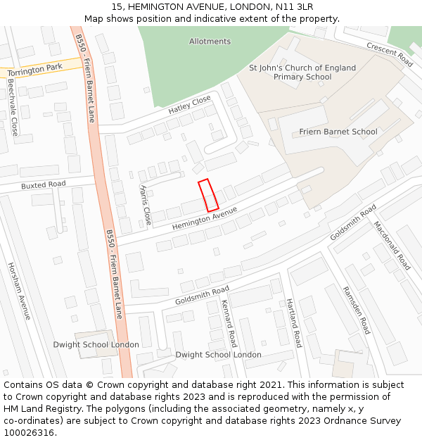 15, HEMINGTON AVENUE, LONDON, N11 3LR: Location map and indicative extent of plot
