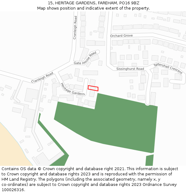 15, HERITAGE GARDENS, FAREHAM, PO16 9BZ: Location map and indicative extent of plot