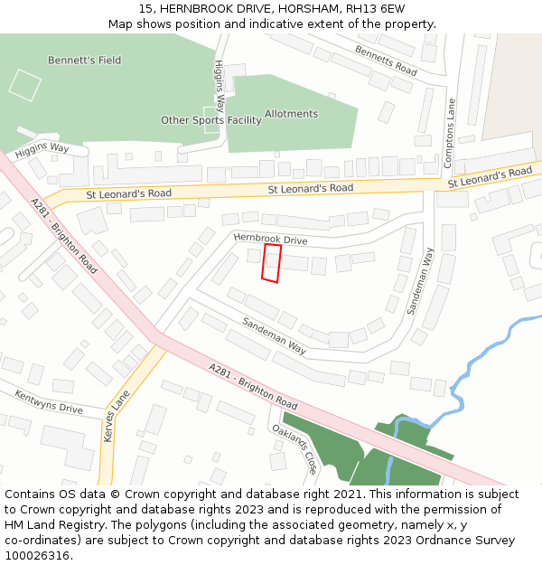 15, HERNBROOK DRIVE, HORSHAM, RH13 6EW: Location map and indicative extent of plot