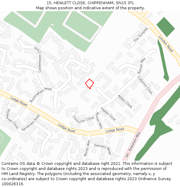 15, HEWLETT CLOSE, CHIPPENHAM, SN15 3TL: Location map and indicative extent of plot