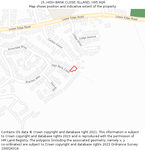 15, HIGH BANK CLOSE, ELLAND, HX5 9QR: Location map and indicative extent of plot