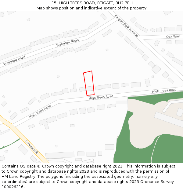 15, HIGH TREES ROAD, REIGATE, RH2 7EH: Location map and indicative extent of plot
