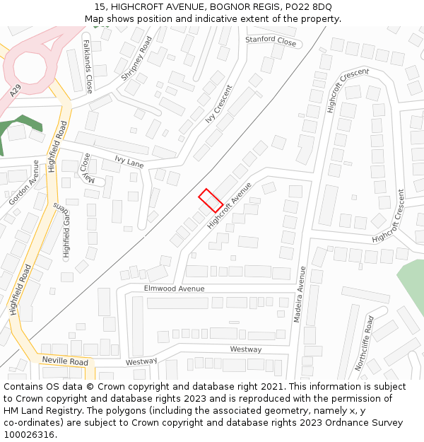 15, HIGHCROFT AVENUE, BOGNOR REGIS, PO22 8DQ: Location map and indicative extent of plot