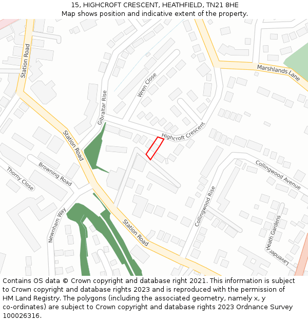 15, HIGHCROFT CRESCENT, HEATHFIELD, TN21 8HE: Location map and indicative extent of plot