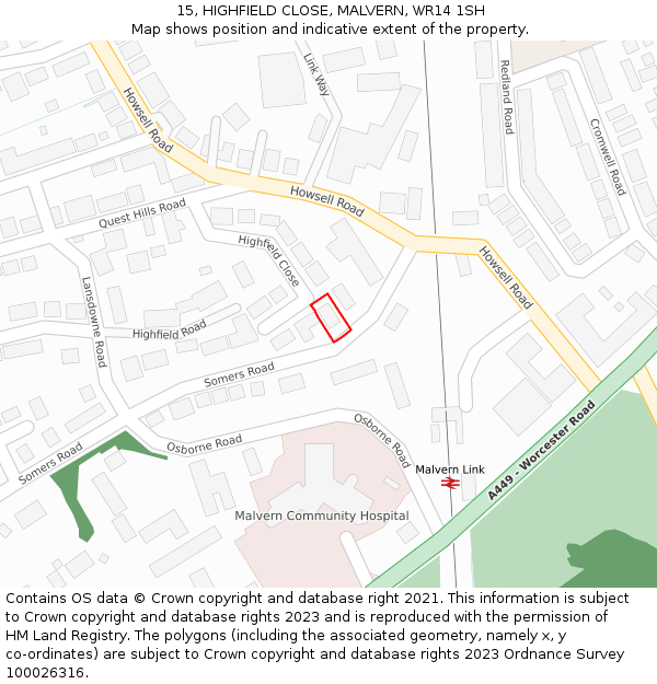 15, HIGHFIELD CLOSE, MALVERN, WR14 1SH: Location map and indicative extent of plot