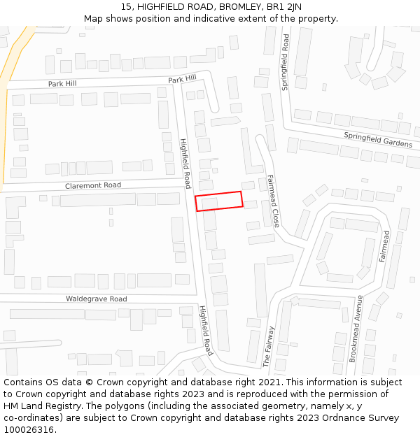 15, HIGHFIELD ROAD, BROMLEY, BR1 2JN: Location map and indicative extent of plot