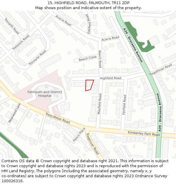 15, HIGHFIELD ROAD, FALMOUTH, TR11 2DP: Location map and indicative extent of plot