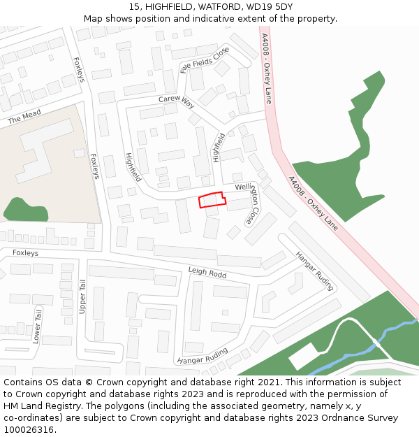 15, HIGHFIELD, WATFORD, WD19 5DY: Location map and indicative extent of plot