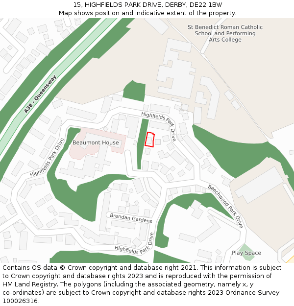 15, HIGHFIELDS PARK DRIVE, DERBY, DE22 1BW: Location map and indicative extent of plot