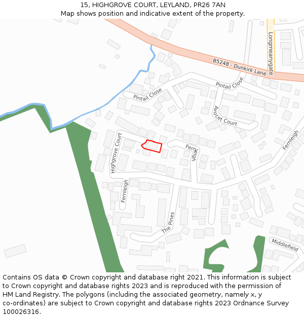 15, HIGHGROVE COURT, LEYLAND, PR26 7AN: Location map and indicative extent of plot