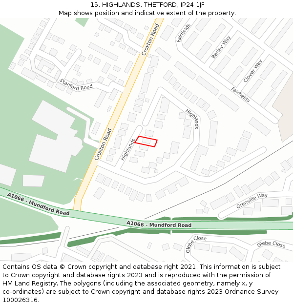 15, HIGHLANDS, THETFORD, IP24 1JF: Location map and indicative extent of plot