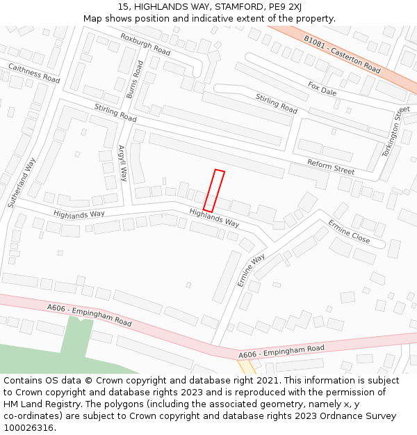 15, HIGHLANDS WAY, STAMFORD, PE9 2XJ: Location map and indicative extent of plot