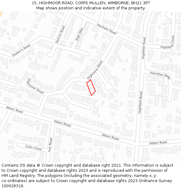 15, HIGHMOOR ROAD, CORFE MULLEN, WIMBORNE, BH21 3PT: Location map and indicative extent of plot