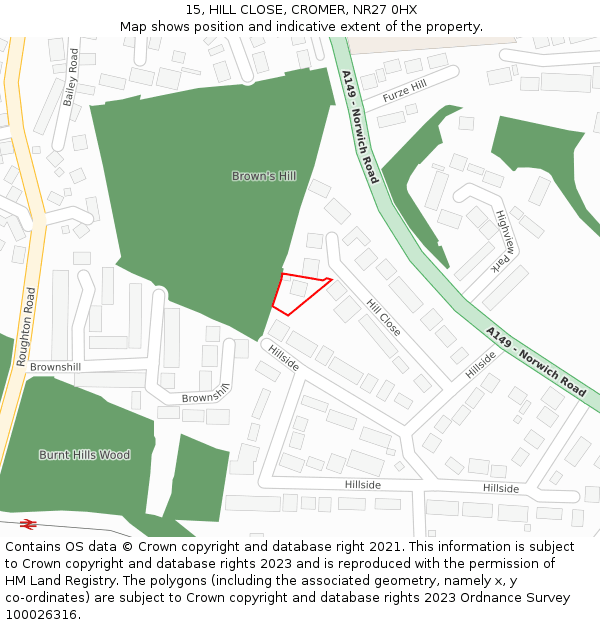 15, HILL CLOSE, CROMER, NR27 0HX: Location map and indicative extent of plot