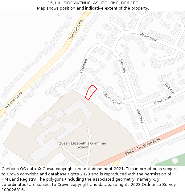 15, HILLSIDE AVENUE, ASHBOURNE, DE6 1EG: Location map and indicative extent of plot