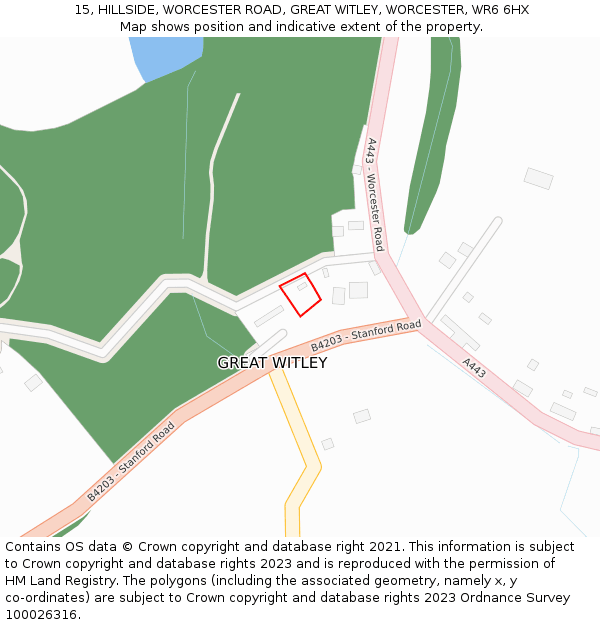 15, HILLSIDE, WORCESTER ROAD, GREAT WITLEY, WORCESTER, WR6 6HX: Location map and indicative extent of plot