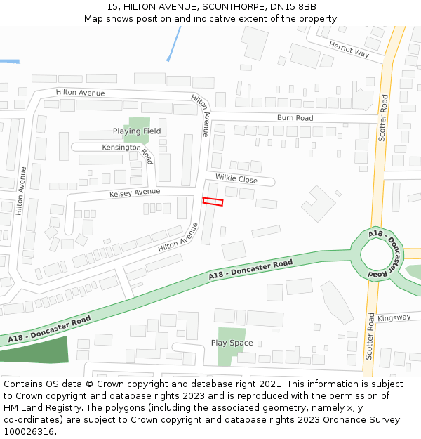 15, HILTON AVENUE, SCUNTHORPE, DN15 8BB: Location map and indicative extent of plot