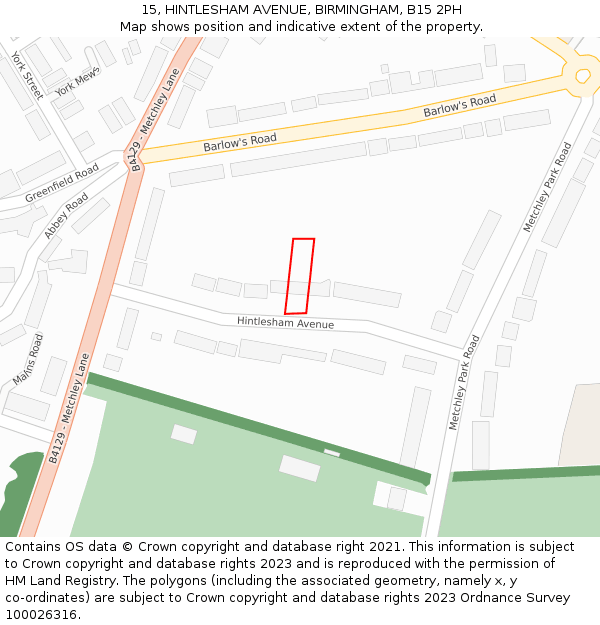 15, HINTLESHAM AVENUE, BIRMINGHAM, B15 2PH: Location map and indicative extent of plot