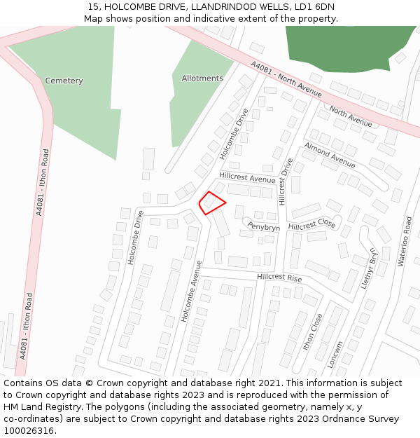 15, HOLCOMBE DRIVE, LLANDRINDOD WELLS, LD1 6DN: Location map and indicative extent of plot