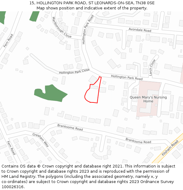 15, HOLLINGTON PARK ROAD, ST LEONARDS-ON-SEA, TN38 0SE: Location map and indicative extent of plot