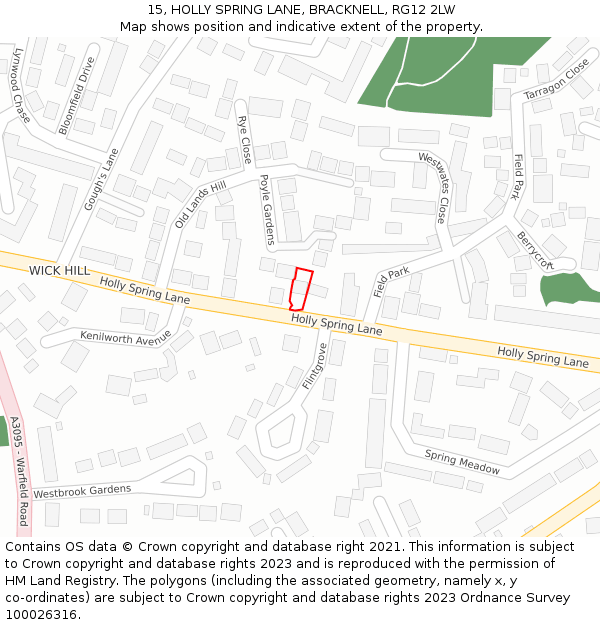 15, HOLLY SPRING LANE, BRACKNELL, RG12 2LW: Location map and indicative extent of plot