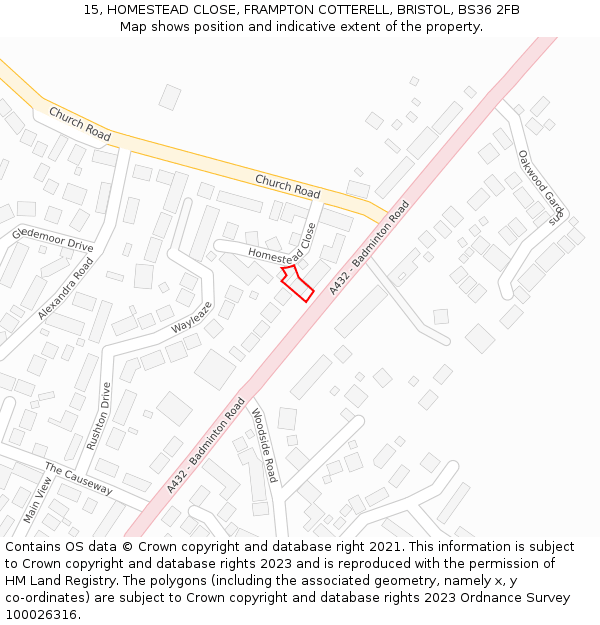 15, HOMESTEAD CLOSE, FRAMPTON COTTERELL, BRISTOL, BS36 2FB: Location map and indicative extent of plot