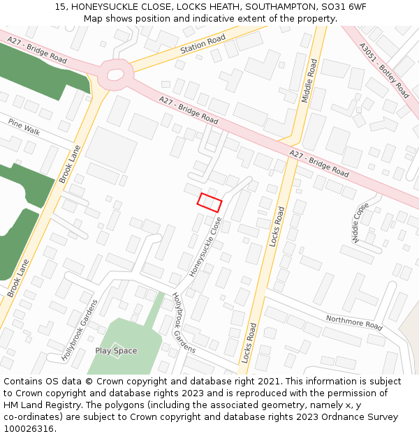 15, HONEYSUCKLE CLOSE, LOCKS HEATH, SOUTHAMPTON, SO31 6WF: Location map and indicative extent of plot