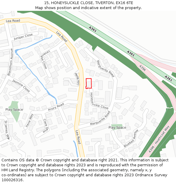 15, HONEYSUCKLE CLOSE, TIVERTON, EX16 6TE: Location map and indicative extent of plot