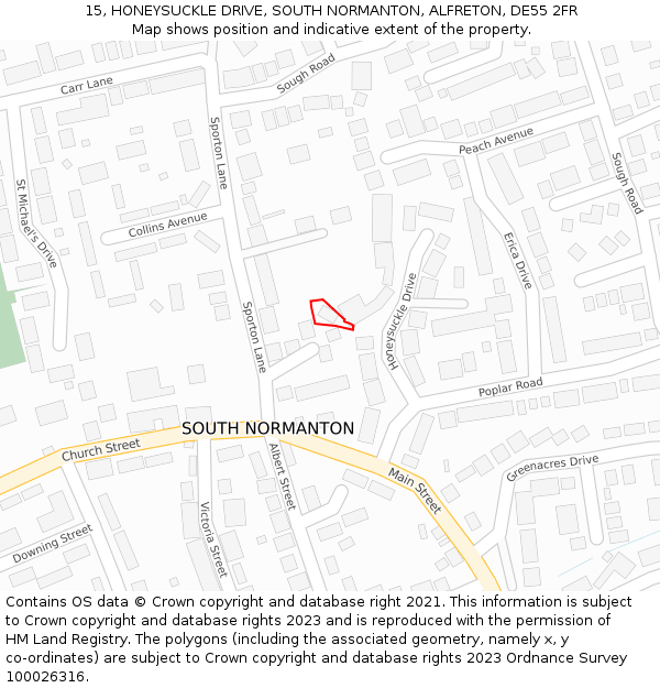 15, HONEYSUCKLE DRIVE, SOUTH NORMANTON, ALFRETON, DE55 2FR: Location map and indicative extent of plot