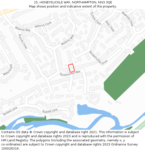 15, HONEYSUCKLE WAY, NORTHAMPTON, NN3 3QE: Location map and indicative extent of plot