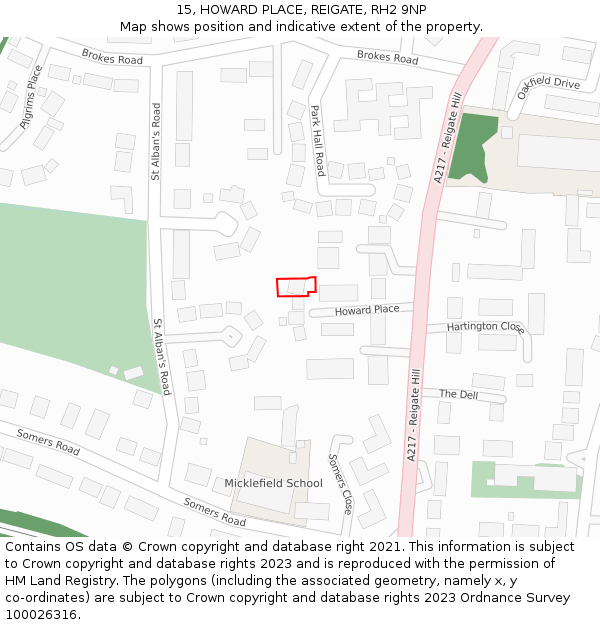 15, HOWARD PLACE, REIGATE, RH2 9NP: Location map and indicative extent of plot