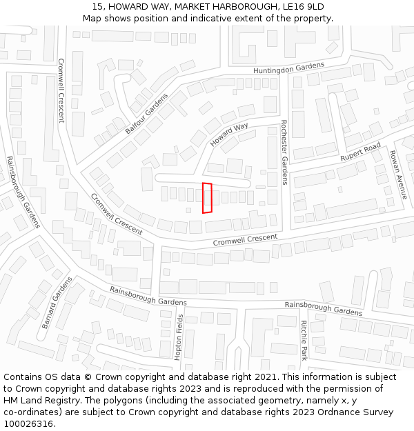 15, HOWARD WAY, MARKET HARBOROUGH, LE16 9LD: Location map and indicative extent of plot